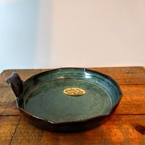 NWT Signed Glazed Clay Dish with Handle